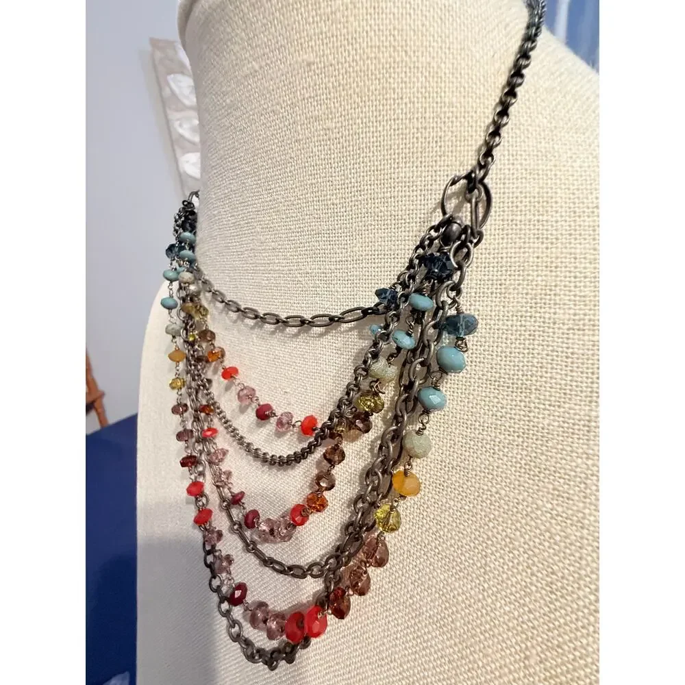 Vintage Fossil Multi Strand Crystal Chain Necklace 15-20”